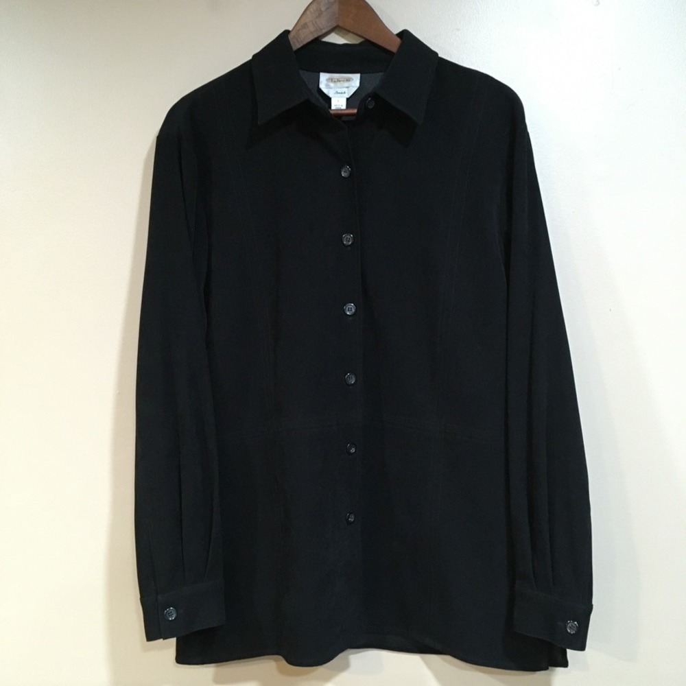 Talbots Suede Button Up Shirt Jacket Womens L Black Stretch Classic Minimalist‎
